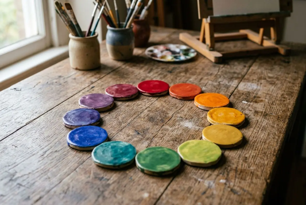 Palette circulaire de peintures aux teintes arc-en-ciel sur une table en bois, ambiance atelier et pinceaux en arrière-plan. harmoni des couleurs fleurs intégrée naturellement.