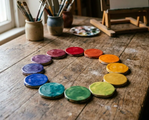 Palette circulaire de peintures aux teintes arc-en-ciel sur une table en bois, ambiance atelier et pinceaux en arrière-plan. harmoni des couleurs fleurs intégrée naturellement.