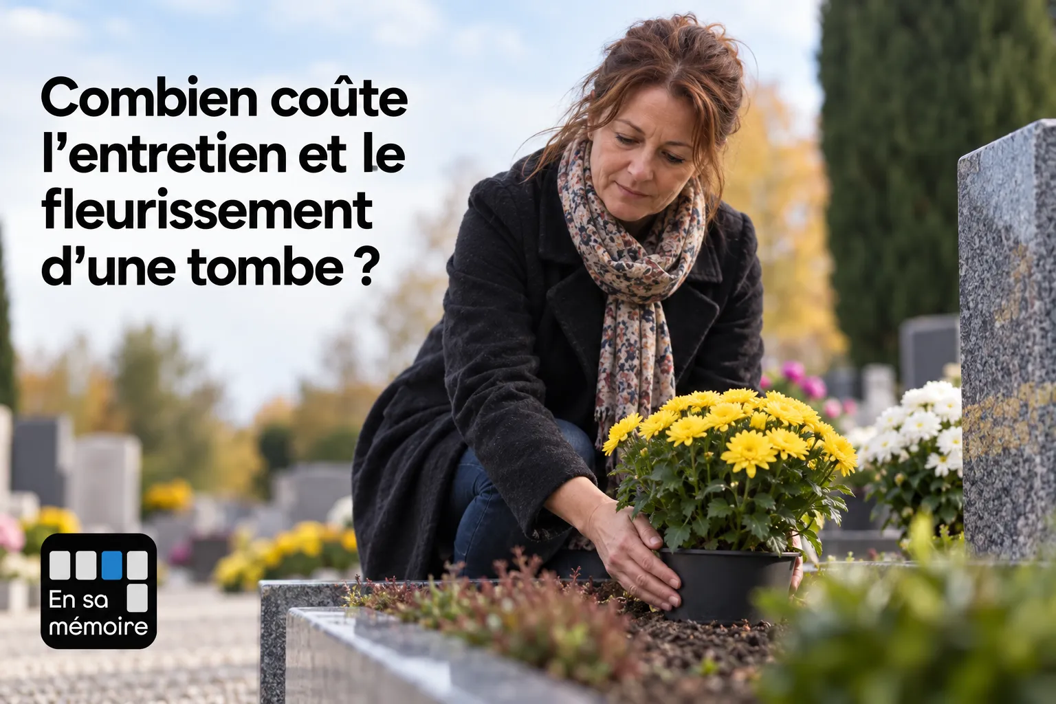 Personne arrangeant des fleurs jaunes dans une tombe au cimetière, texte publicitaire sur le coût de l’entretien et