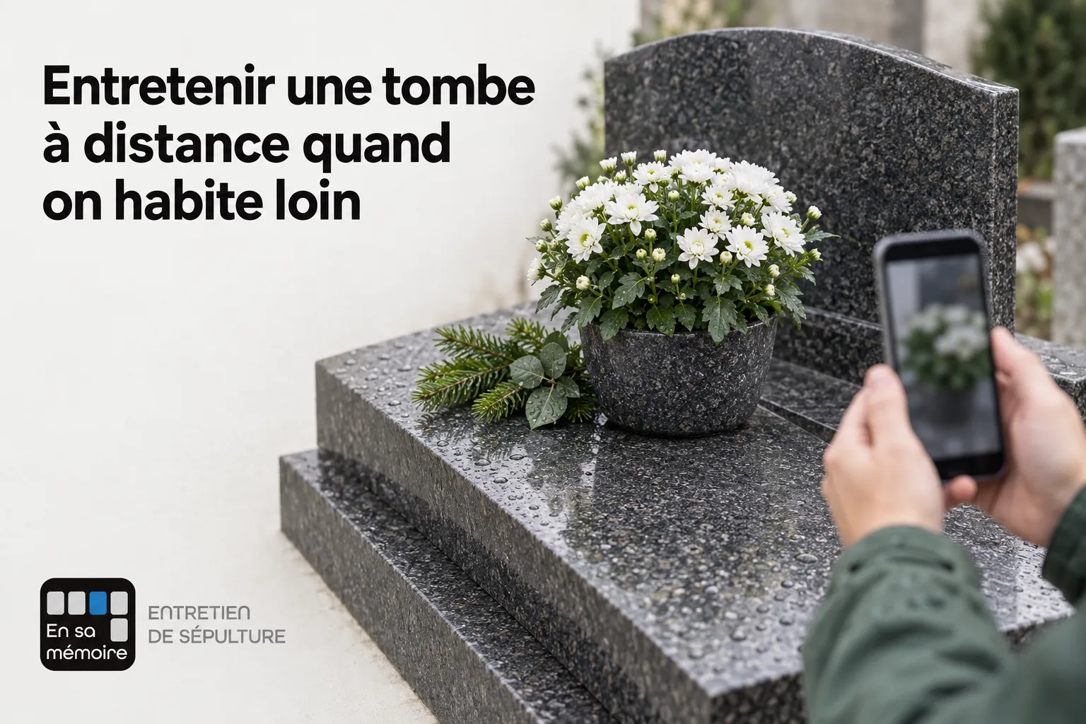 Personne prenant une photo d’une tombe gravée avec des fleurs blanches sur le dessus.