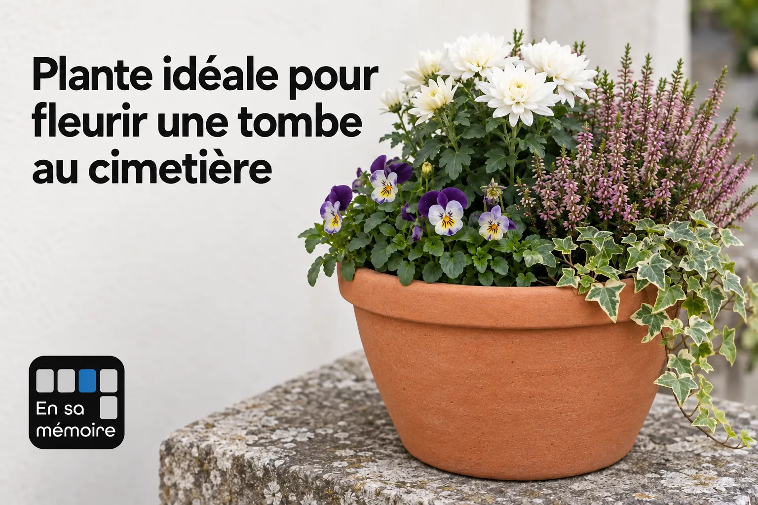 Plante idéale pour fleurir une tombe au cimetière dans un pot terracotta, avec des fleurs blanches et violettes et Plante idéale pour fleurir une tombe au cimetière dans un pot terracotta, avec des fleurs blanches et violettes et