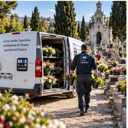 Pompe funèbre en camion ouvert transportant des fleurs près d’un cimetière en plein air.