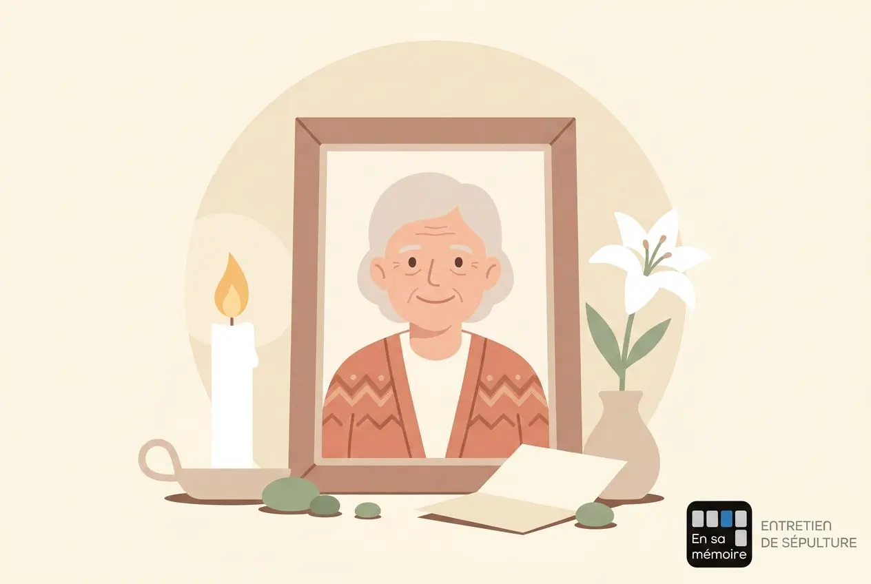Portrait d'une personne âgée en cadre, bougie allumée, fleur blanche et lettres sur une table, symbole de geste symbolique deuil.