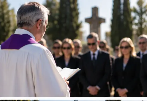 Prêtre en robe violette lit un texte devant un petit groupe de personnes en costumes noirs lors d’un cérémonial funèbre au cimetière.