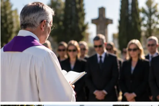 Prêtre en robe violette lit un texte devant un petit groupe de personnes en costumes noirs lors d’un cérémonial funèbre au cimetière. Prêtre en robe violette lit un texte devant un petit groupe de personnes en costumes noirs lors d’un cérémonial funèbre au cimetière.