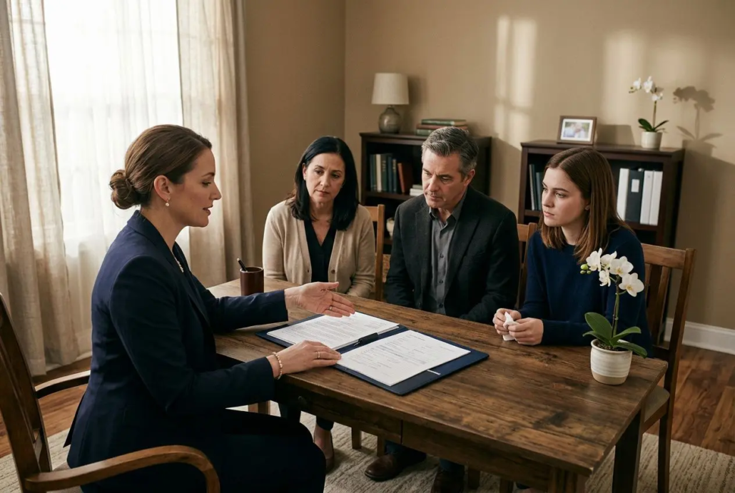 Quatre personnes autour d’une table discutent, une femme en costume présente des documents, ambiance sérieuse. arbre généalogique? Non. alt: "Réunion entre proches et conseiller funéraire discutant des prestations et réglementation des obsèques."