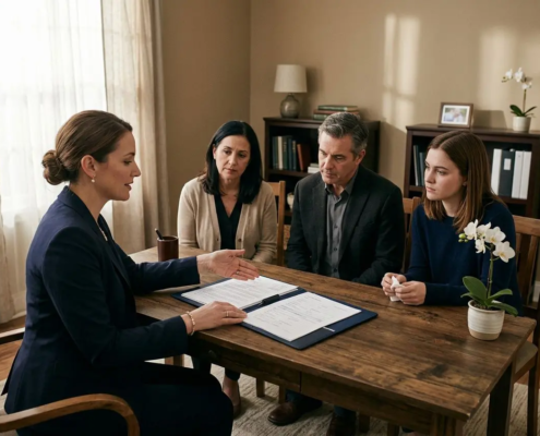 Quatre personnes autour d’une table discutent, une femme en costume présente des documents, ambiance sérieuse. arbre généalogique? Non. alt: "Réunion entre proches et conseiller funéraire discutant des prestations et réglementation des obsèques."