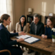Quatre personnes autour d’une table discutent, une femme en costume présente des documents, ambiance sérieuse. arbre généalogique? Non. alt: "Réunion entre proches et conseiller funéraire discutant des prestations et réglementation des obsèques."
