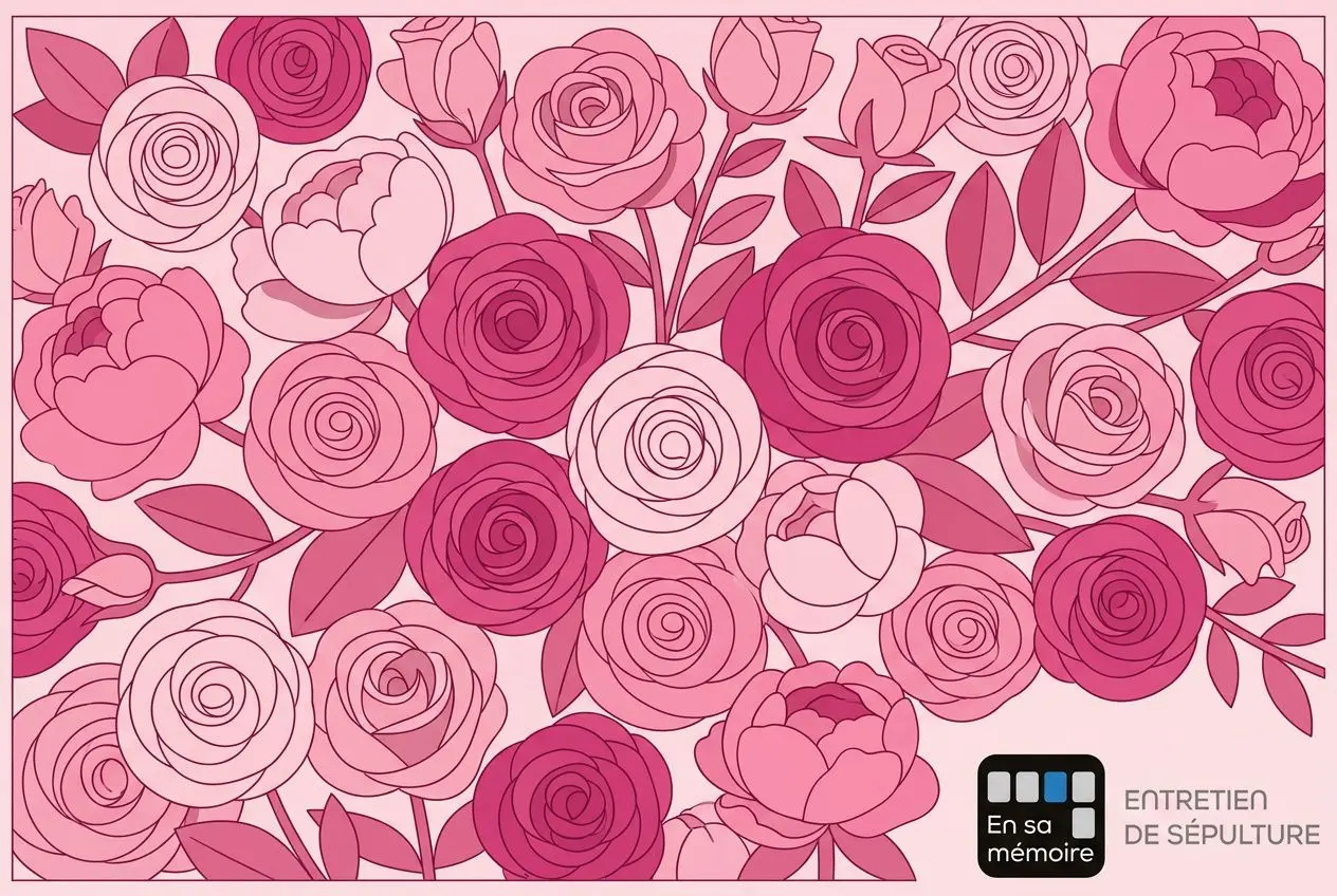 Rameau de roses roses et fuchsias décorant un fond rose, motif floral dense; logo « En sa mémoire » et texte « Entretien de sépulture ».
