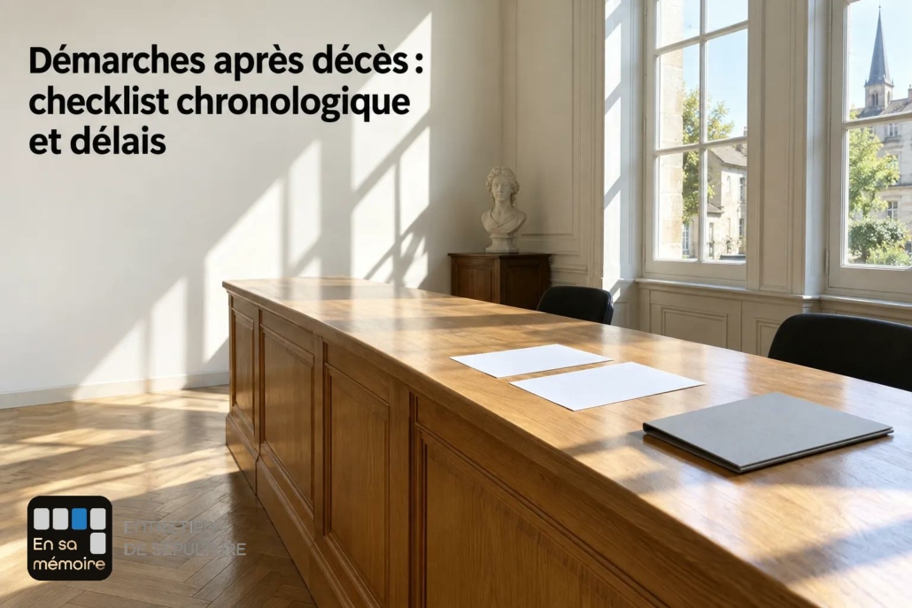 Une salle de réunion avec un grand bureau en bois et des papiers posés sur la table près d’une fenêtre lumineuse.