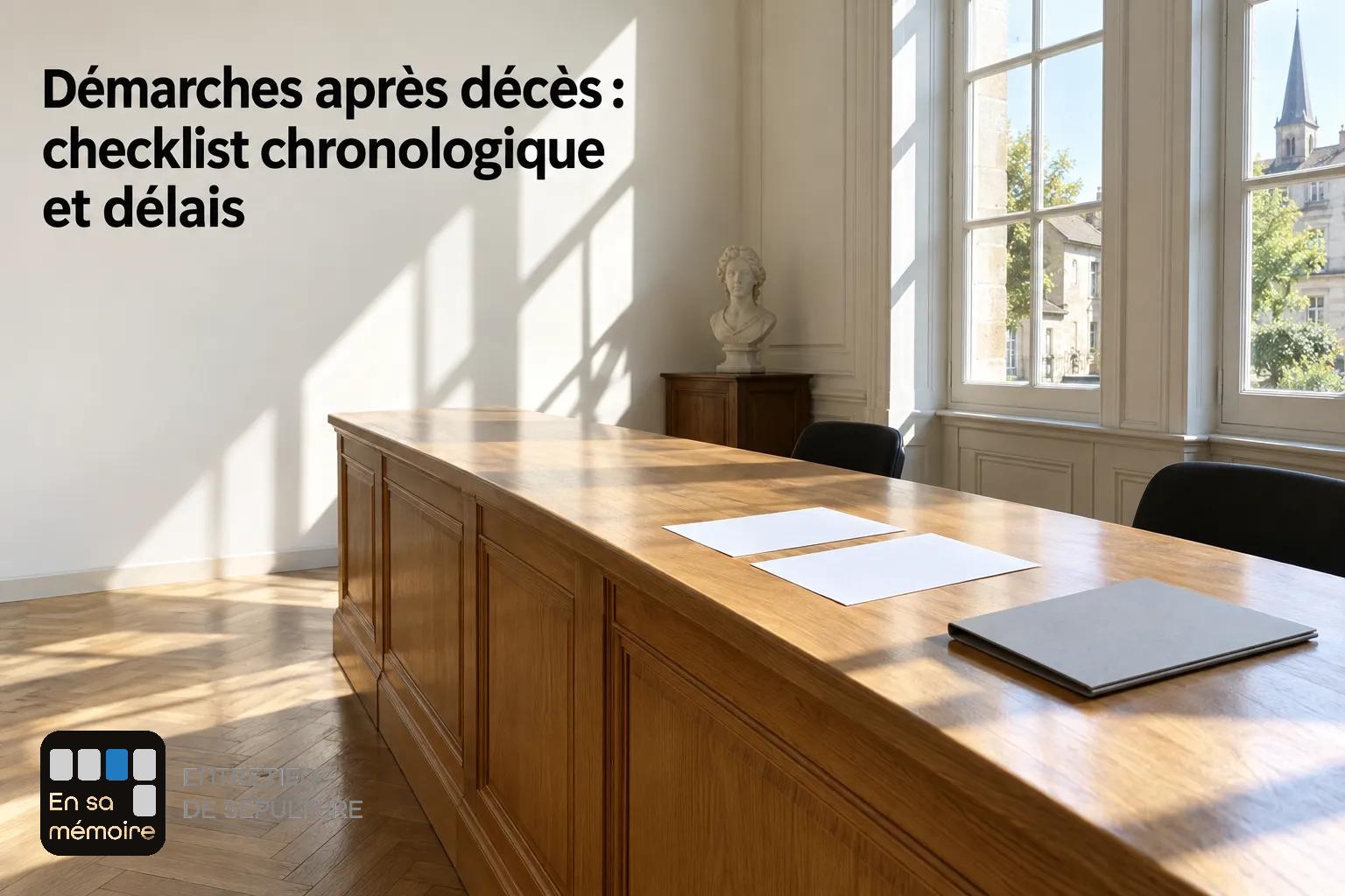 Une salle de réunion avec un grand bureau en bois et des papiers posés sur la table près d’une fenêtre lumineuse.