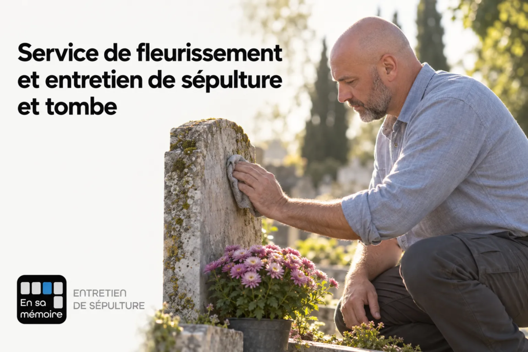 Service fleurissement sépulture et entretien de tombe : homme recueilli près d’une tombe avec bouquet de fleurs, logo “En mémoire” et plantes autour.