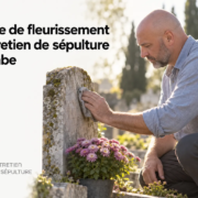 Service fleurissement sépulture et entretien de tombe : homme recueilli près d’une tombe avec bouquet de fleurs, logo “En mémoire” et plantes autour.