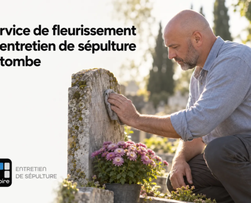 Service fleurissement sépulture et entretien de tombe : homme recueilli près d’une tombe avec bouquet de fleurs, logo “En mémoire” et plantes autour.
