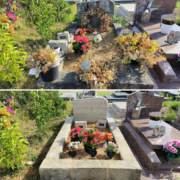 Tombe en cours de nettoyage et relooking floral, avant/après: anciennes herbes coupées et arrangement de fleurs fraîches dans une tombe entourée d’autres monuments funéraires. Ajout de pots et de petites plaques décoratives.
