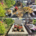 Tombe en cours de nettoyage et relooking floral, avant/après: anciennes herbes coupées et arrangement de fleurs fraîches dans une tombe entourée d’autres monuments funéraires. Ajout de pots et de petites plaques décoratives.