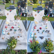 Tombe décorée pour les rameaux avec figurines colorées et petites statues, fleurs et plantes en pot, ambiance de recueillement. pourquoi fleurir les tombes aux rameaux intégrée naturellement.
