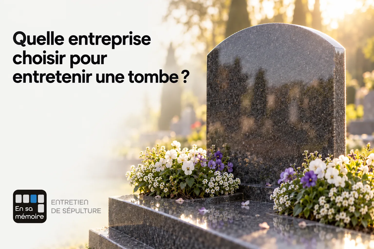 Tombe en granit avec des fleurs autour et un soleil bas à l’arrière-plan.