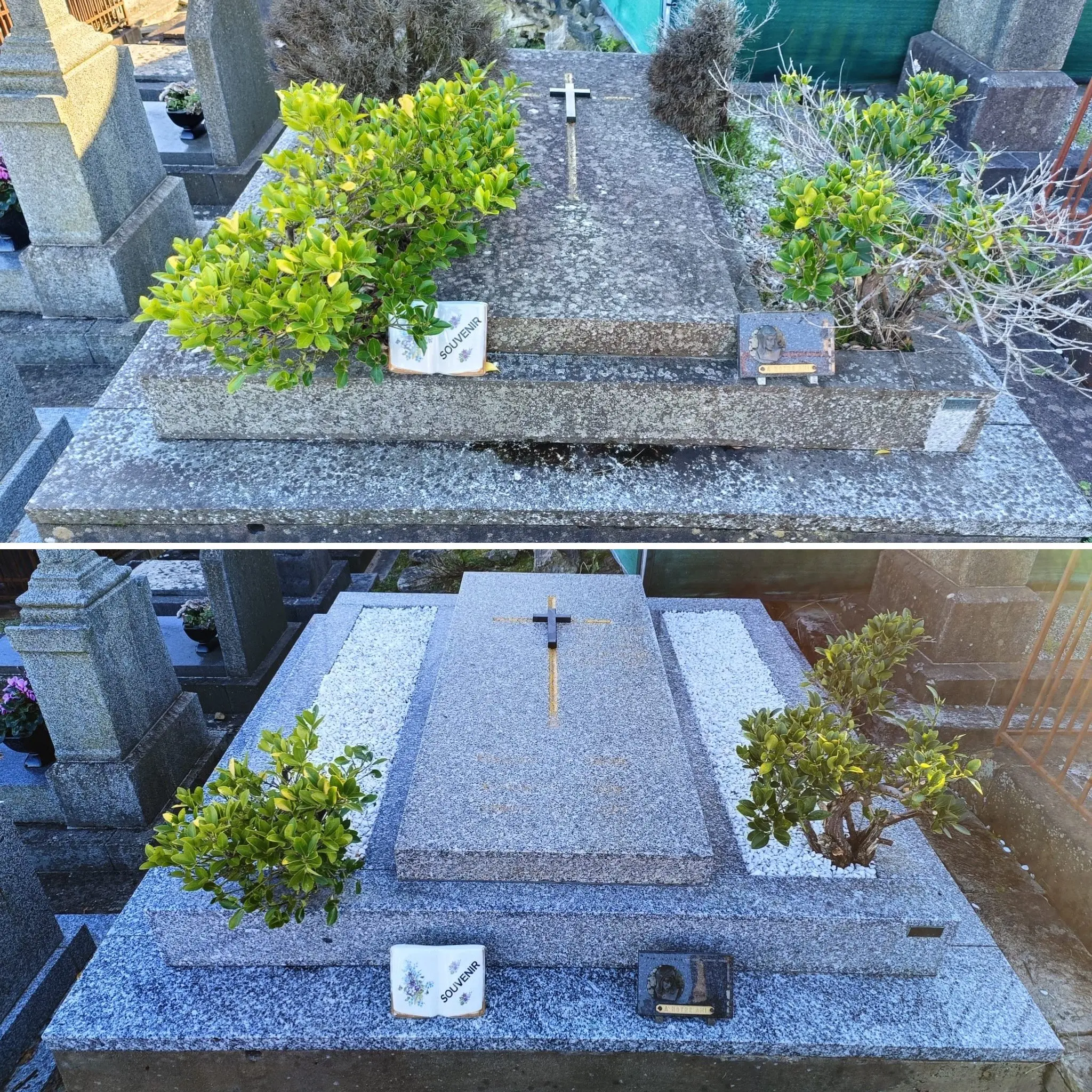 Tombe en granit garnie de buis et de plantes vertes, avec croix centrale et petits objets souvenir sur la dalle. Alt text optimisée pour SEO et accessibilité. Tombe en granit garnie de buis et de plantes vertes, avec croix centrale et petits objets souvenir sur la dalle. Alt text optimisée pour SEO et accessibilité.