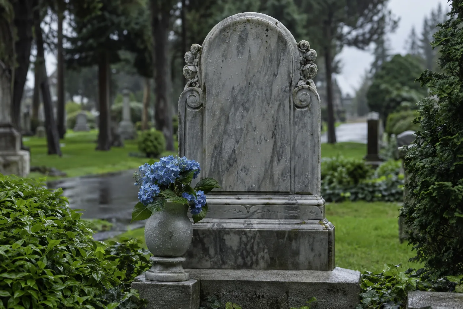 Tombe en pierre gravée avec un vase de fleurs bleues posé devant, dans un cimetière verdoyant.