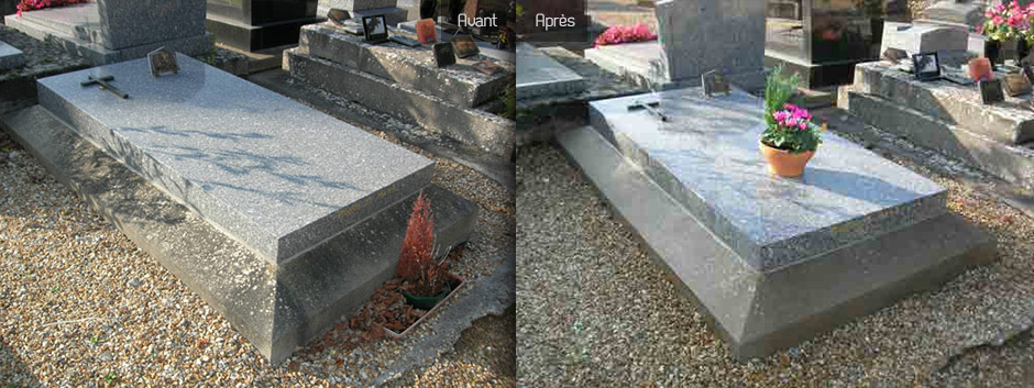 Tombe en pierre avec une plante dans un pot et une comparaison avant/après montrant l'état des surfaces.