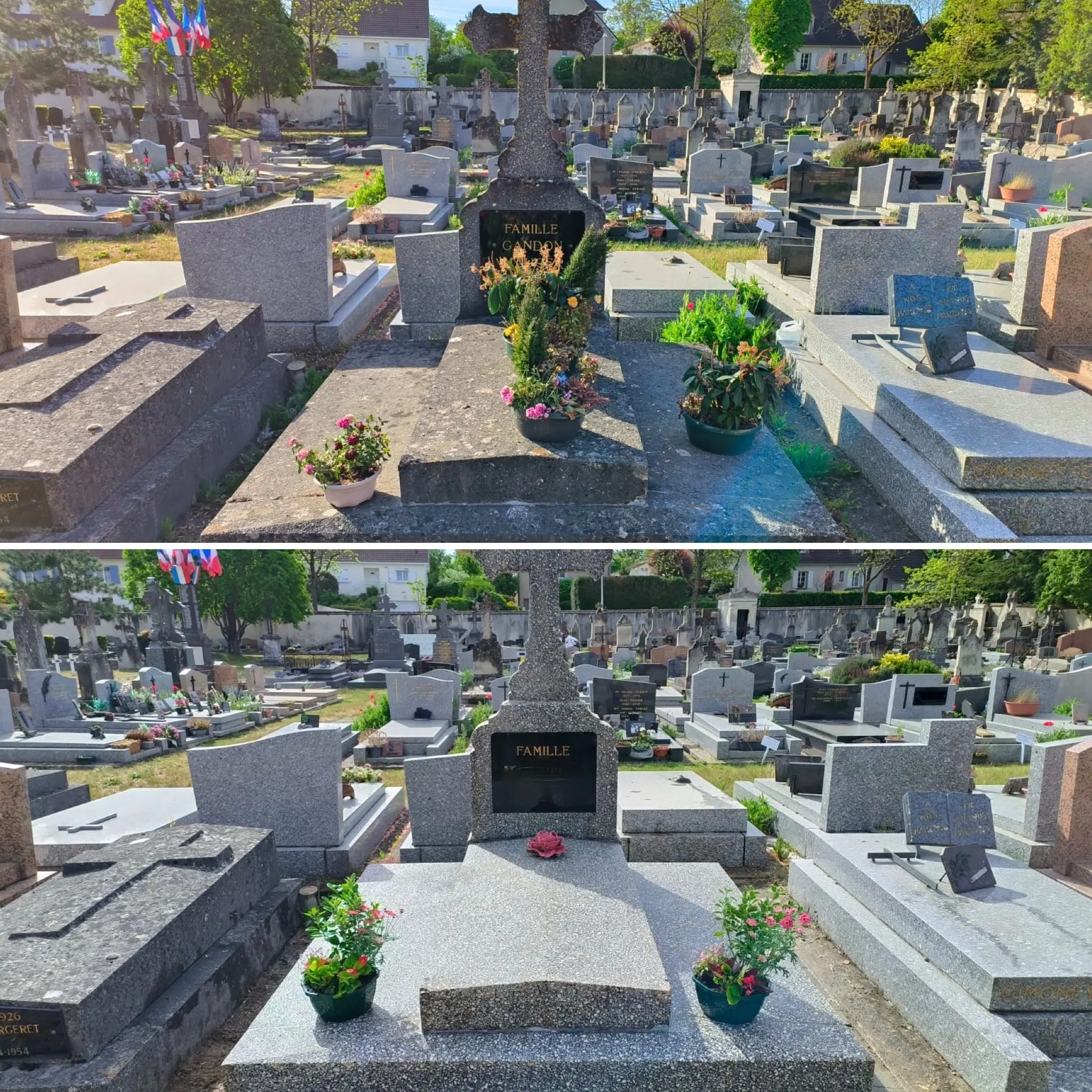 Tombeau familial fleuri dans un cimetière, avec pots de fleurs et verdure colorée, deux images montrant l’espace memorialisé. Tombeau familial fleuri dans un cimetière, avec pots de fleurs et verdure colorée, deux images montrant l’espace memorialisé.