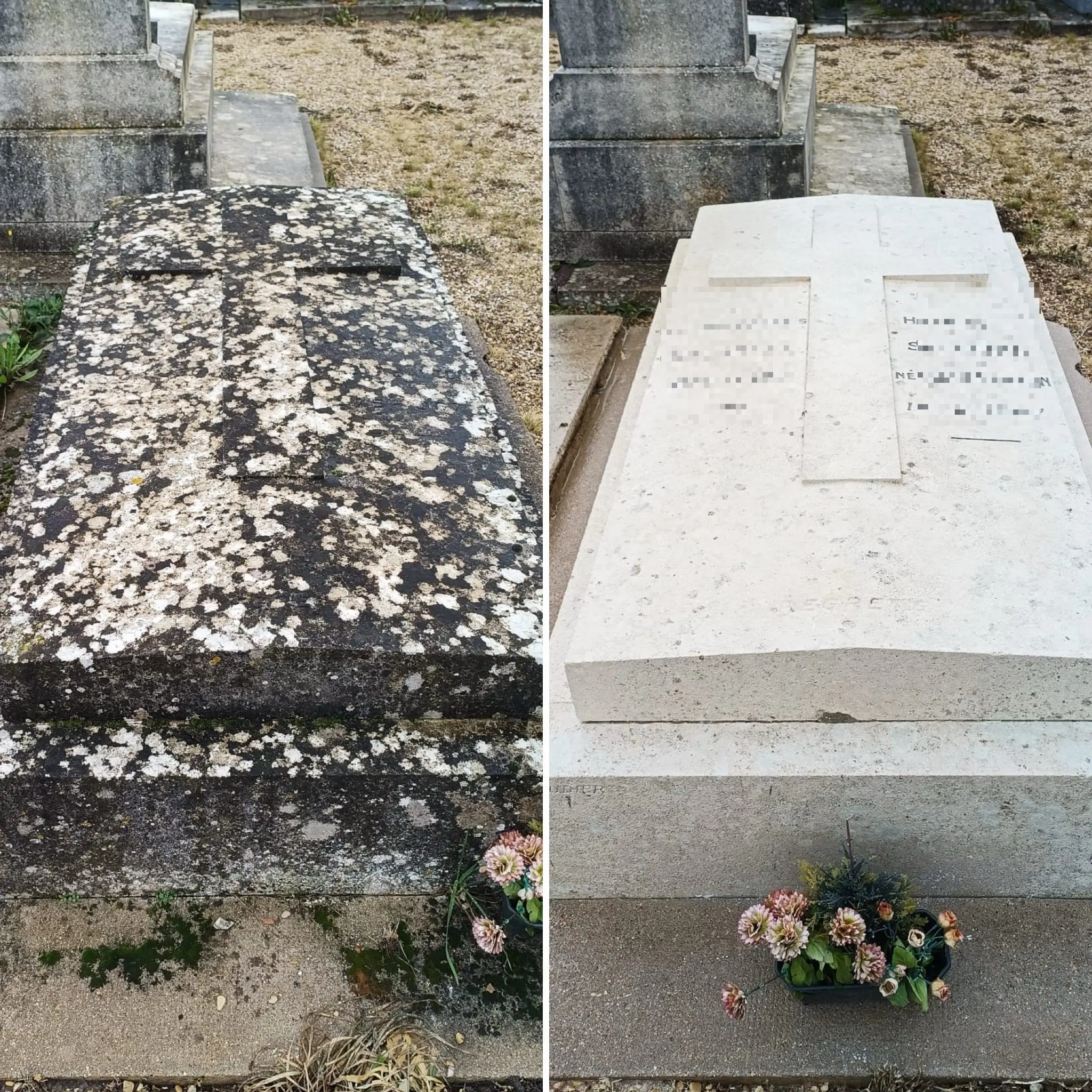 Tombes de cimetière avant/après nettoyage: tombe ancienne couverte de mousse et de lichens à gauche, tombe blanche bien nettoyée et fleurie à droite. Tombes de cimetière avant/après nettoyage: tombe ancienne couverte de mousse et de lichens à gauche, tombe blanche bien nettoyée et fleurie à droite.