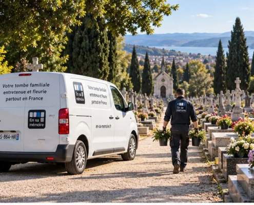 Voiture utilitaire blanche avec logo "En sa mémoire" garée dans un cimetière fleuri, un salarié porte des pots de fleurs.