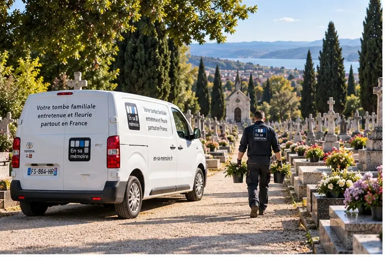 Voiture utilitaire blanche avec logo "En sa mémoire" garée dans un cimetière fleuri, un salarié porte des pots de fleurs. Voiture utilitaire blanche avec logo "En sa mémoire" garée dans un cimetière fleuri, un salarié porte des pots de fleurs.