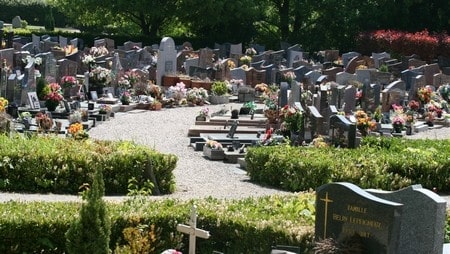 Vue d’un cimetière avec des pierres tombales et des allées, fleurs et gravures visibles, prêt pour le Nettoyage sépulture toussaint.