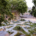 Vue d’un jardin urbain soigné et arboré, avec allées géométriques et plantations mixtes; des personnes se promènent.