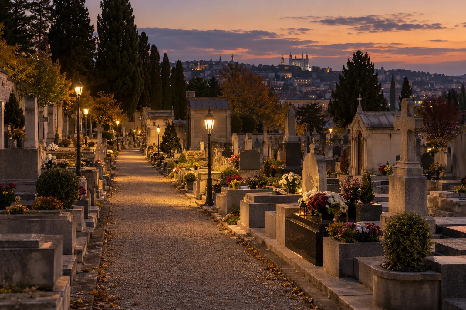 Allée d'un cimetière avec des tombes-alignées et des lampadaires illuminant le chemin au crépuscule.