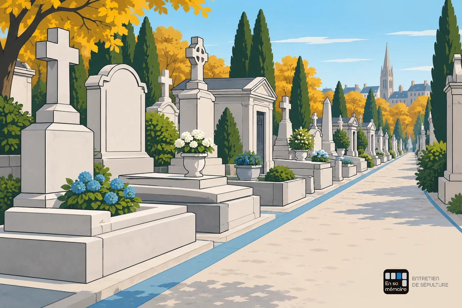 Allée de tombes et monuments funéraires élégamment alignés dans un cimetière, avec des fleurs et des arbres en arrière-plan.