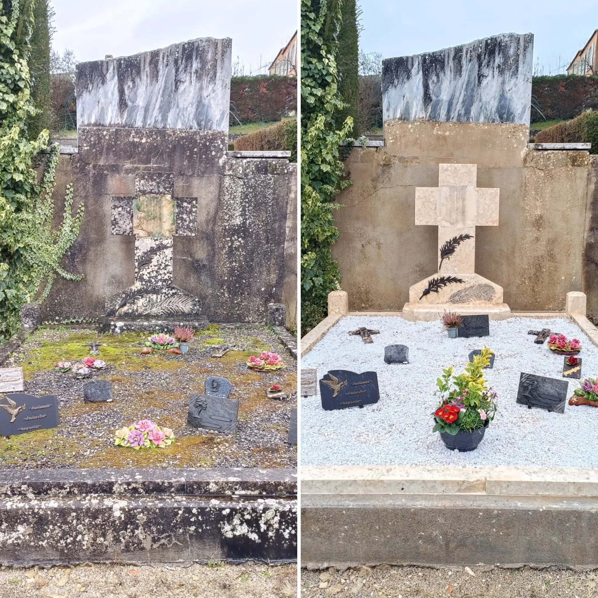 Avant-après d’une tombe nette et fleuri. Deux faces montrent le même monument: à gauche, tombe ancienne avec mousse et Avant-après d’une tombe nette et fleuri. Deux faces montrent le même monument: à gauche, tombe ancienne avec mousse et
