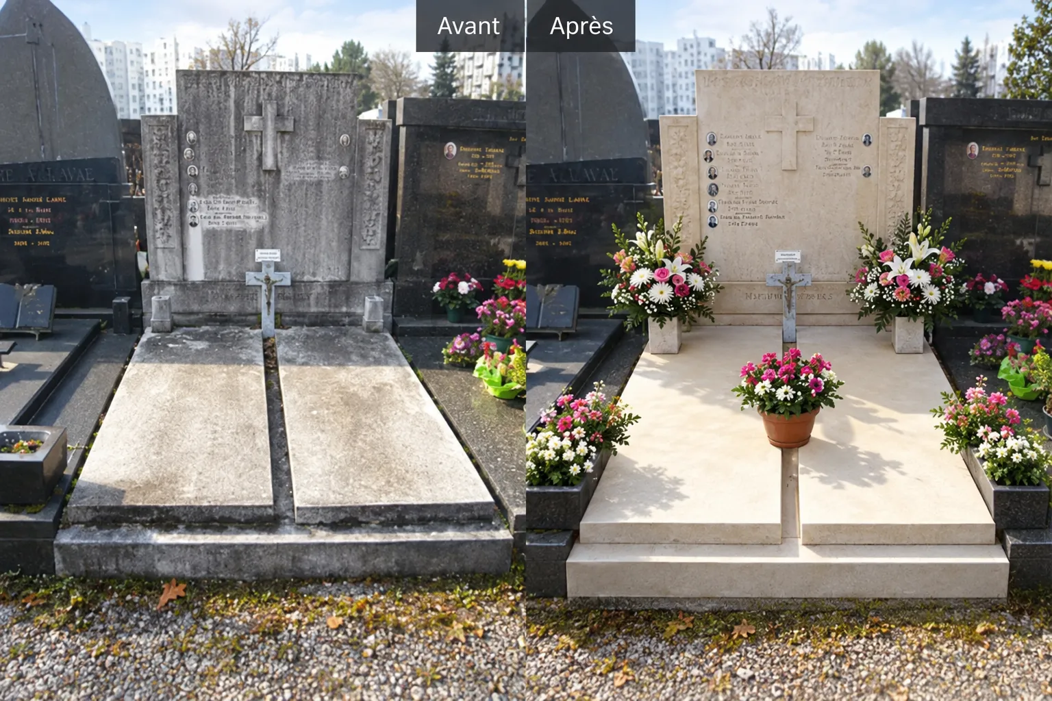 Avant / Après: tombez tombes rénovées avec fleurs saisonnières et plantes décoratives sur les abords. Avant / Après: tombez tombes rénovées avec fleurs saisonnières et plantes décoratives sur les abords.