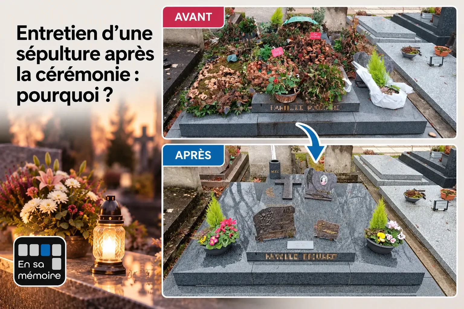 Avant/après: entretien d’une sépulture après la cérémonie, avec réaménagement complet et fleurs fraîches sur le tombeau. Avant/après: entretien d’une sépulture après la cérémonie, avec réaménagement complet et fleurs fraîches sur le tombeau.