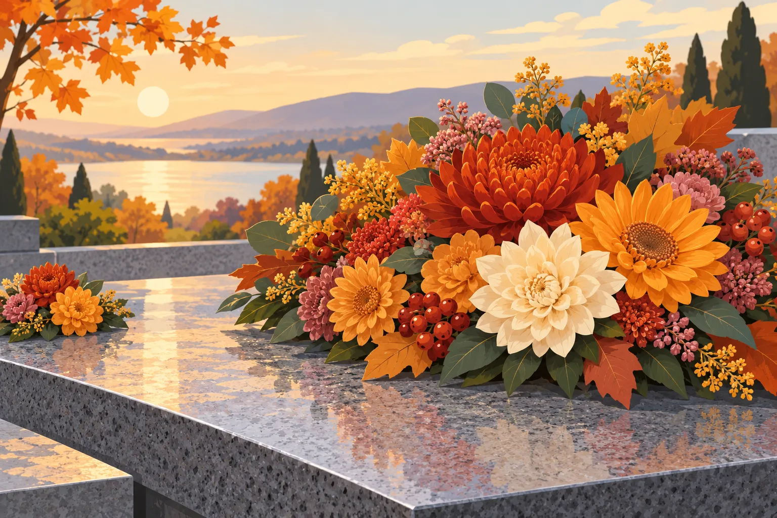 Bouquet funéraire de fleurs artificielles aux tons orange et blanc posé sur un tombeau en granit au coucher du soleil.