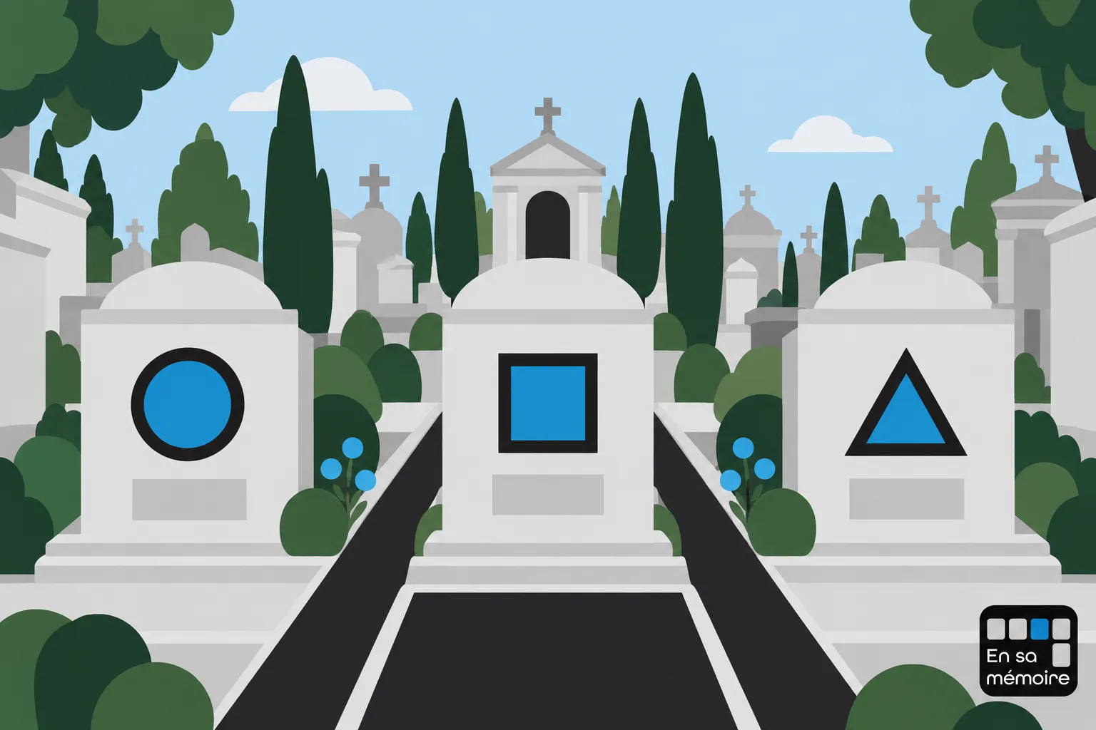 Cimetière avec des tombes ornementées et de grands monuments blancs entourés d’arbres et d’allées, sous un ciel bleu.