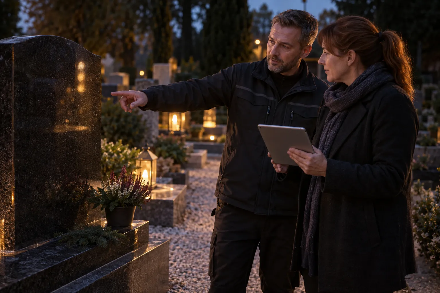 Un couple examine une tombe en granit dans un cimetière, l’homme pointant du doigt tandis que la femme tient une tablette.