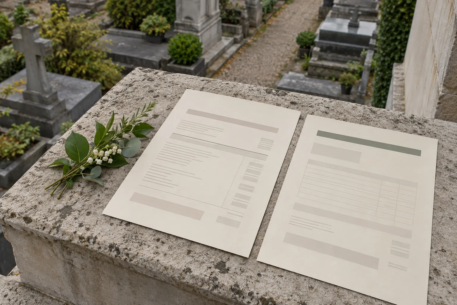 Deux documents imprimés posés sur une tombelle dans un cimetière, avec des fleurs vertes posées à côté.