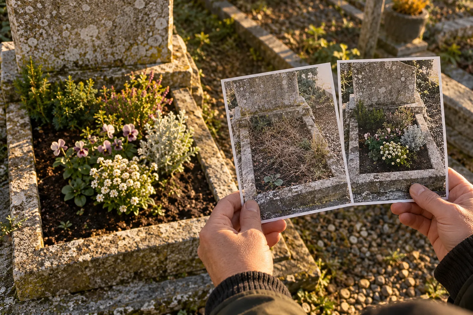 Deux mains tiennent des photos imprimées montrant des fleurs plantées dans une tombe en pierre.