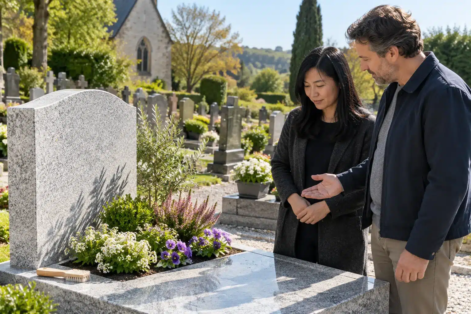 Deux personnes regardent une tombe fleurie dans un cimetière.