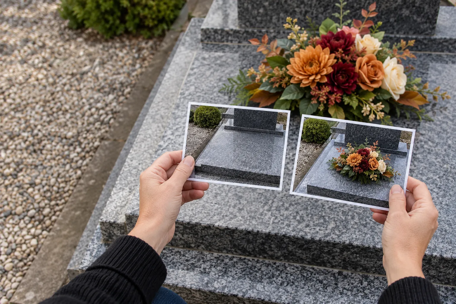 Deux photos en main montrant une personne comparant une proposition florale artificielle posée sur une tombe avec un aperçu