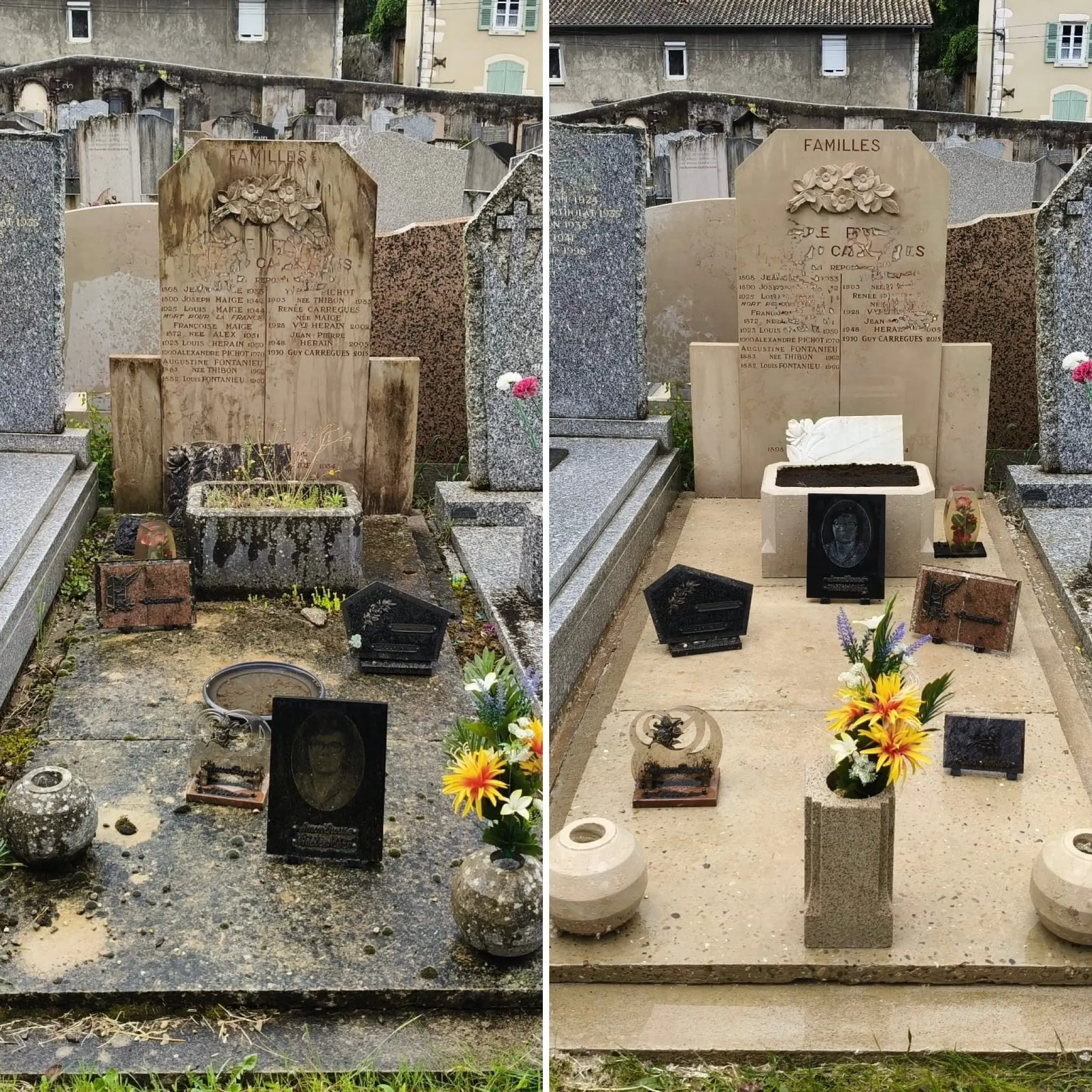 Deux sépultures rénovées: avant (gauche) et après (droite) avec nettoyages, fleurs fraîches et objets funéraires