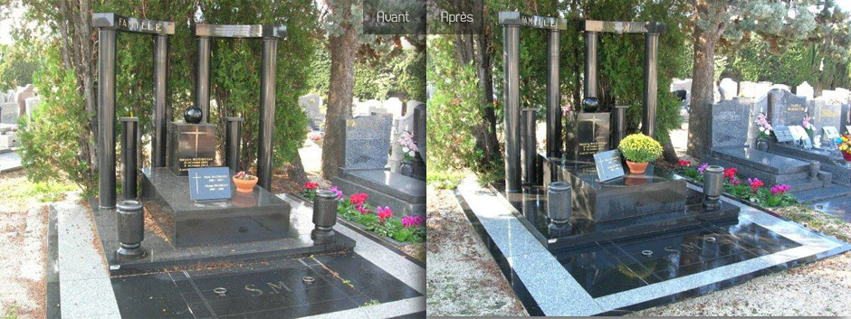 Deux tombeaux visibles dans un cimetière, avec plaques et fleurs décorant la base en granit.