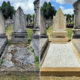 Deux tombes avant/après nettoyage écologique des sépultures dans un cimetière. Le bedg de gauche est recouvert de mousse et