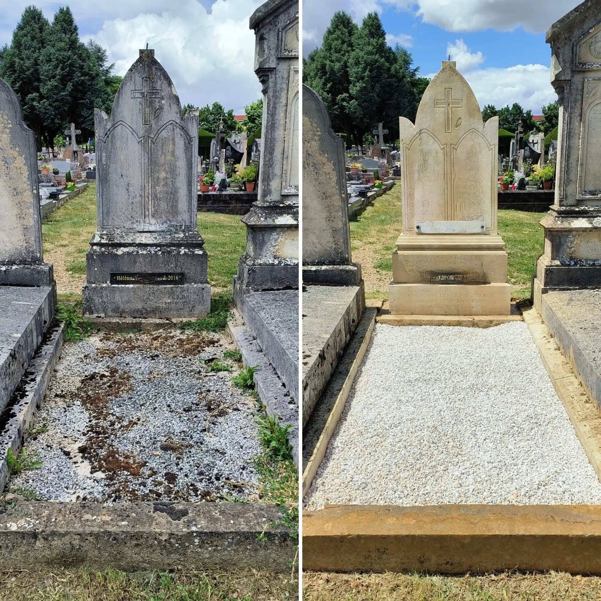 Deux tombes avant/après nettoyage écologique des sépultures dans un cimetière. Le bedg de gauche est recouvert de mousse et Deux tombes avant/après nettoyage écologique des sépultures dans un cimetière. Le bedg de gauche est recouvert de mousse et