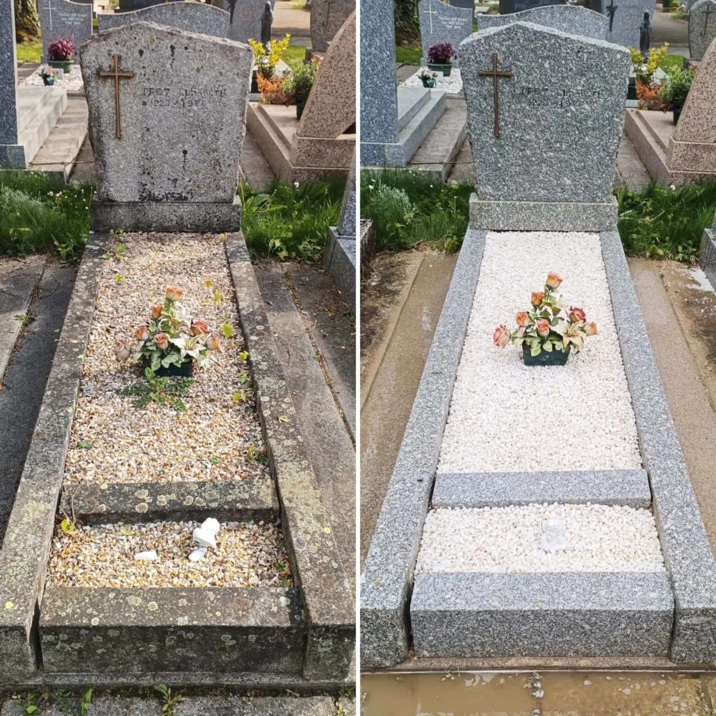 Deux tombes avant/après nettoyage et fleurissement: dalle et gravier remplacés, fleurs artificielles au centre.
