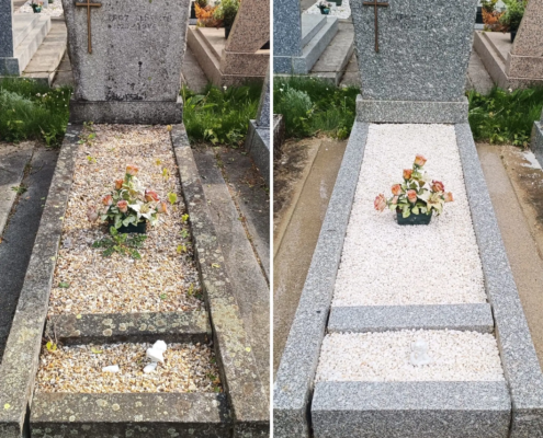 Deux tombes avant/après nettoyage et fleurissement: dalle et gravier remplacés, fleurs artificielles au centre.