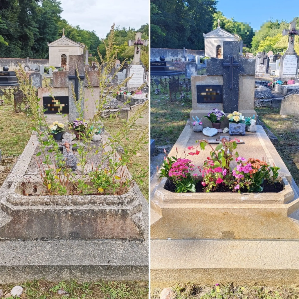 Deux tombes dans un cimetière: avant avec herbes et plantes indésirables, après garnies de fleurs et décorations. ALT: Tombe